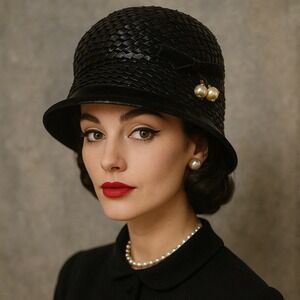 Vintage 1950s Velda Originals Black Cellophane Straw Cloche Hat Velvet Brim USA